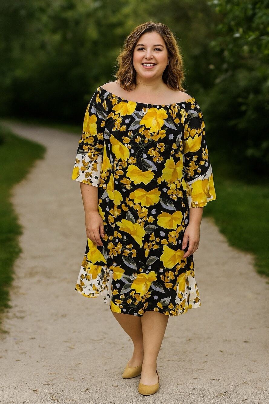Romantic Flirty Floral Bardot contrast hem midi Dress Flounce Sleeves Size-1X